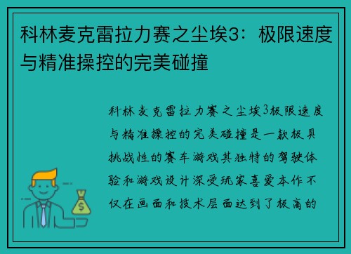 科林麦克雷拉力赛之尘埃3：极限速度与精准操控的完美碰撞